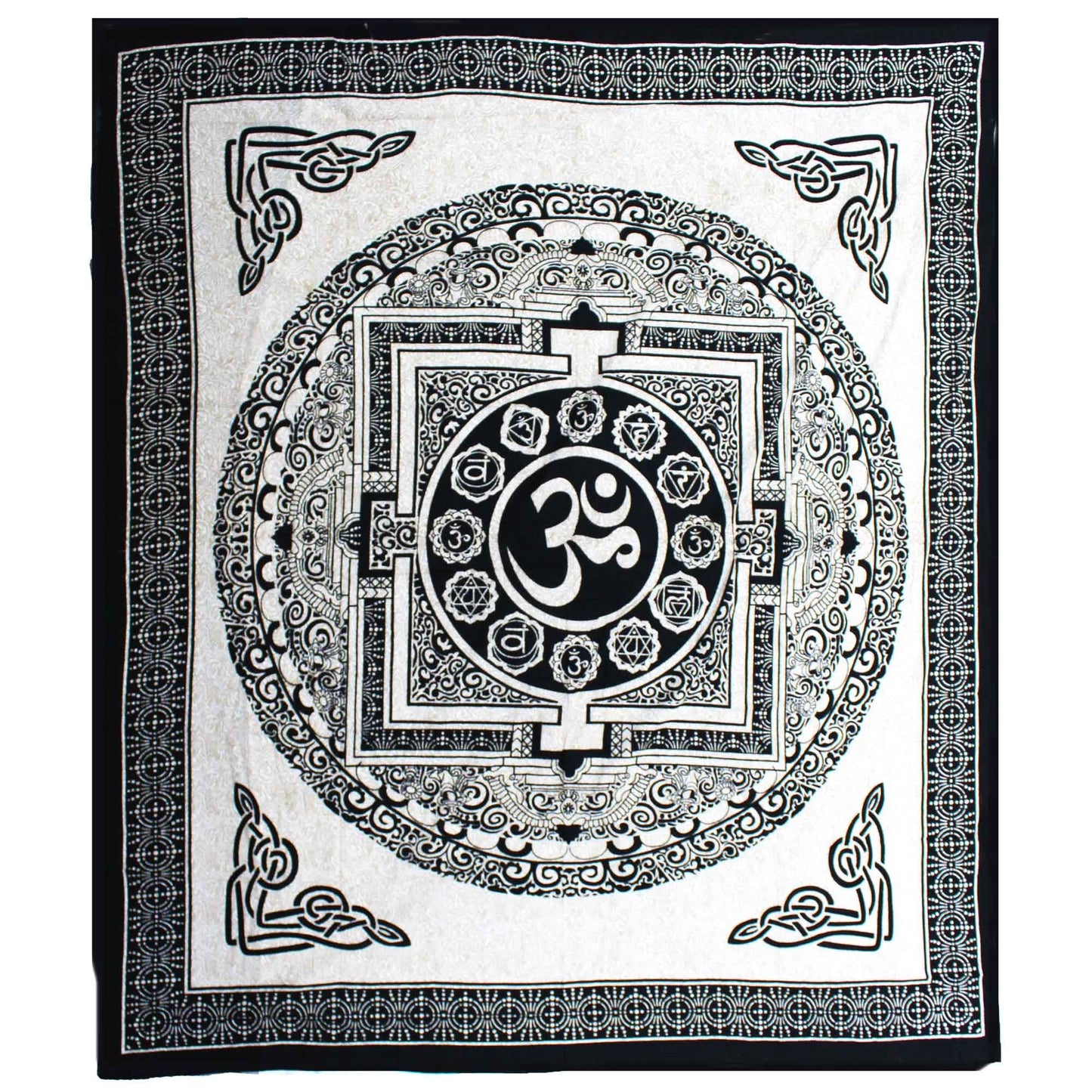 Large monochrome OM Mandala design on a white double cotton bedspread and wall hanging.