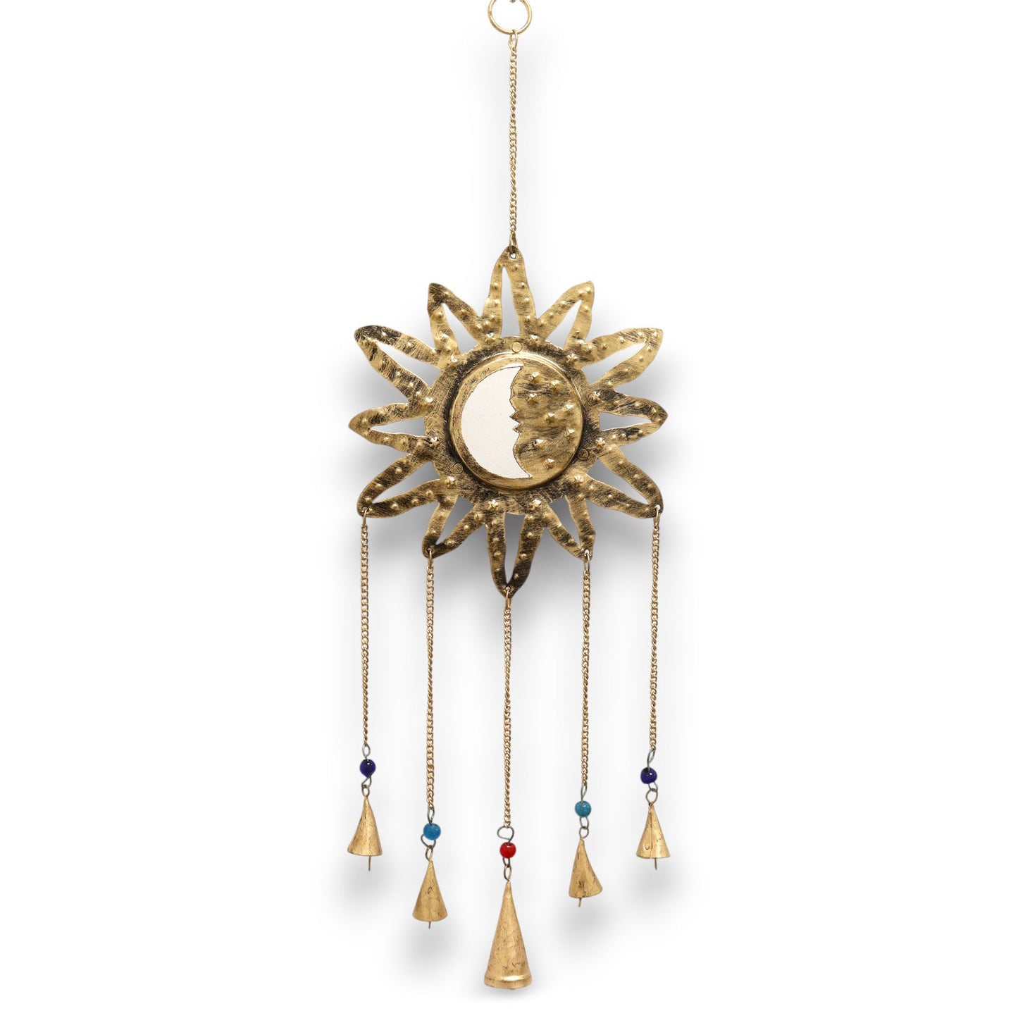Brass Indian chimes featuring a sun and moon design with a central mirror, colourful beads, and five hanging bells.
