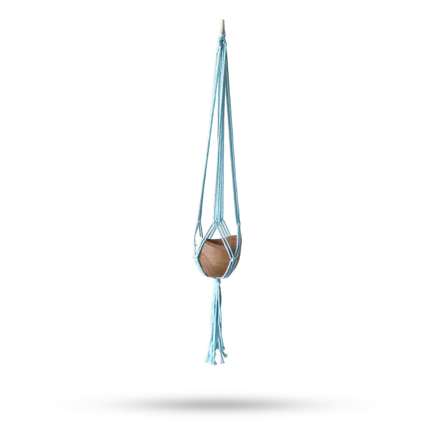 Handcrafted powder blue macrame plant hanger with intricate knotting designed to hold a medium-sized plant pot.
