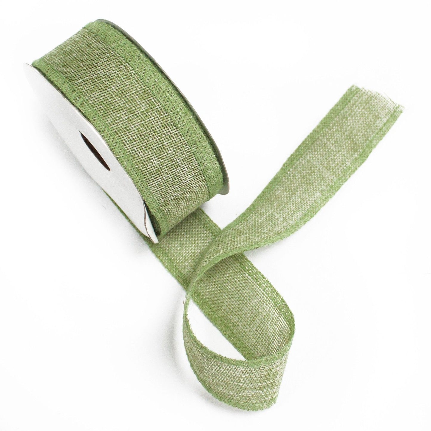 Close-up of a roll of moss green non-woven fabric ribbon with a natural textured finish for crafts and gift wrapping.