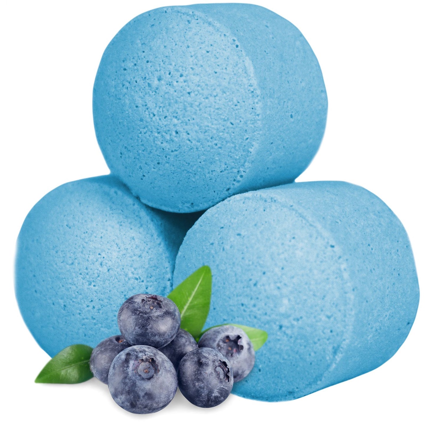 A large collection of small, round blue mini bath bombs in a bulk display box.
