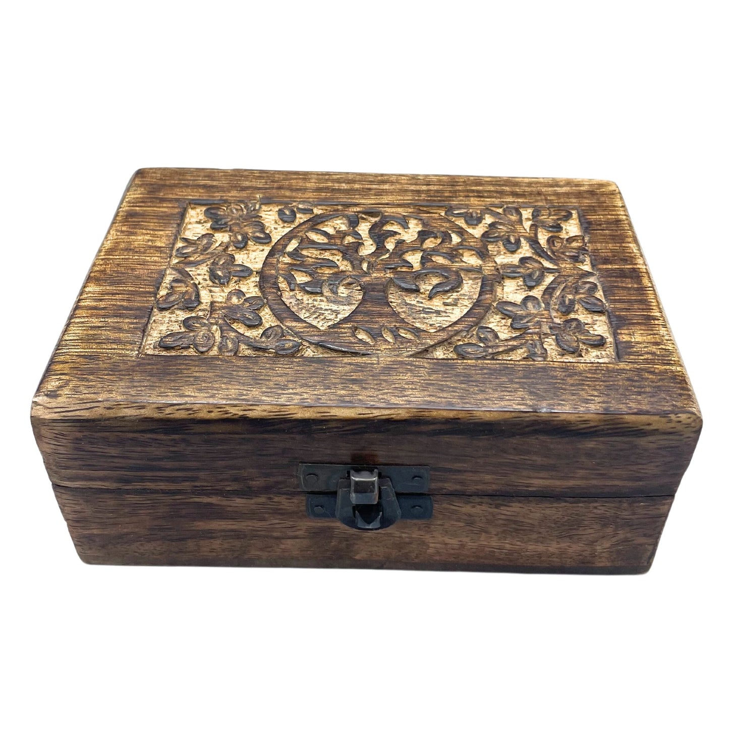 Hand-carved medium wooden keepsake box featuring a detailed Tree of Life design on the lid.