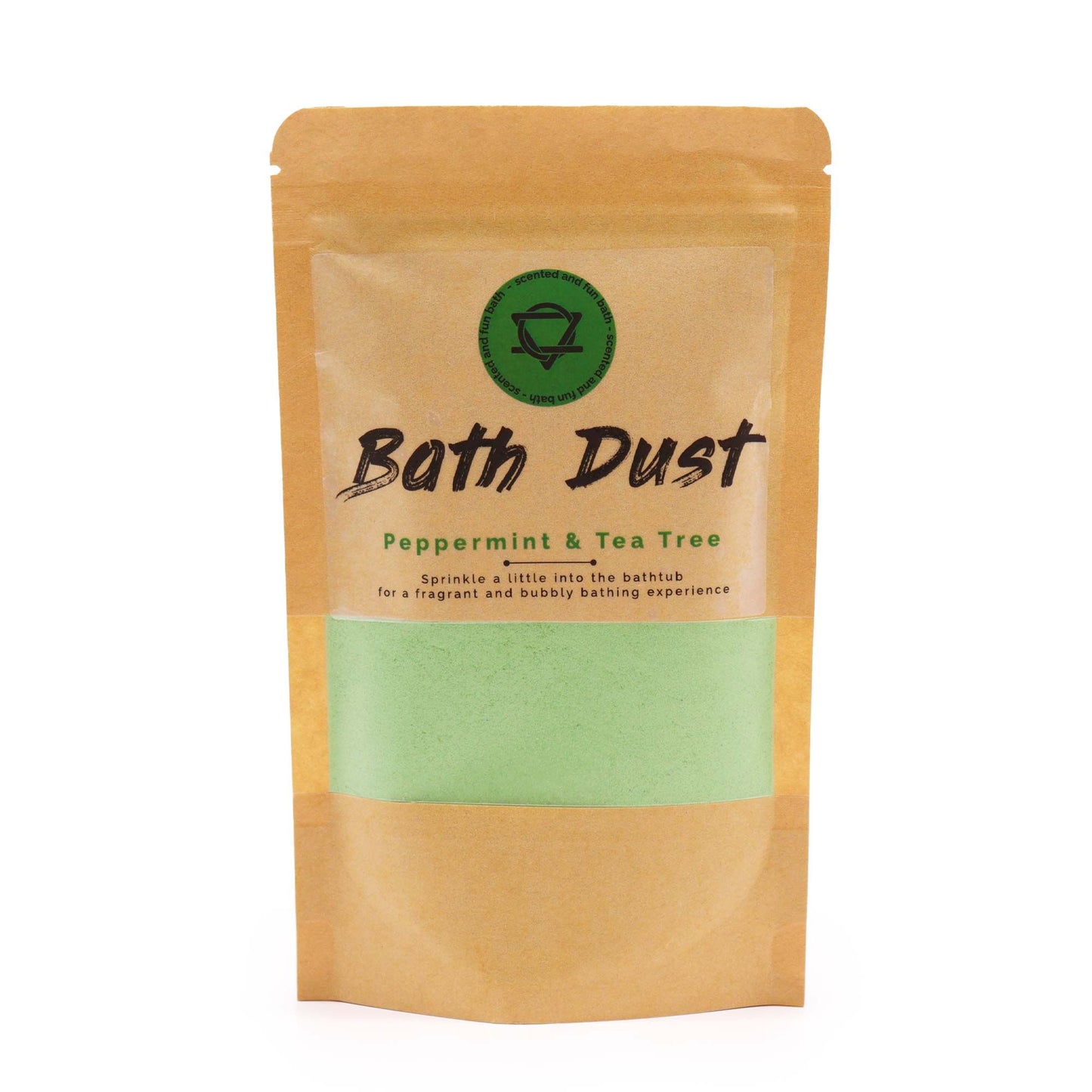 Finely textured mint-coloured bath dust infused with peppermint and tea tree essential oils in a clear bag.