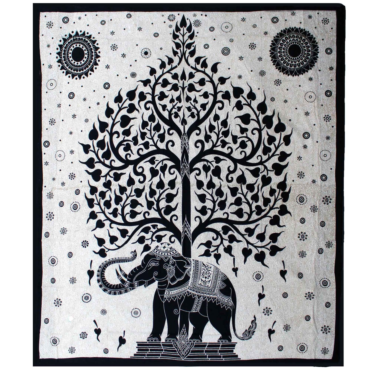 Double cotton bedspread and wall hanging featuring a monochrome black and white elephant and tree of life design.