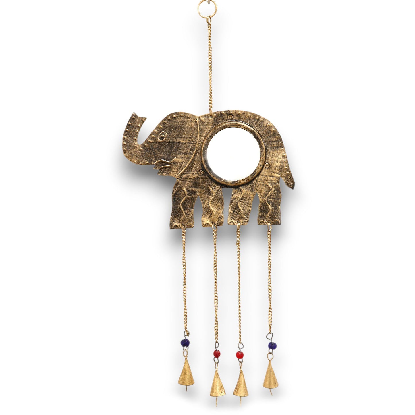 Handcrafted Indian chime with a central large mirror, decorative elephant design, vibrant beads, and four hanging brass bells