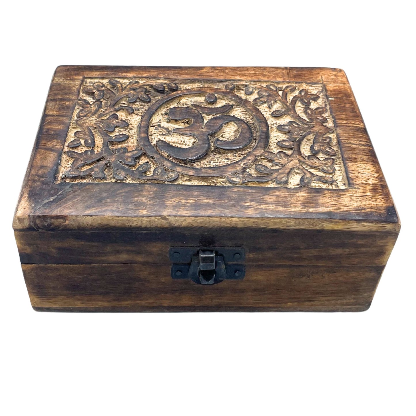 Hand-carved medium wooden keepsake box featuring a detailed Om symbol on the lid with a natural wood finish.