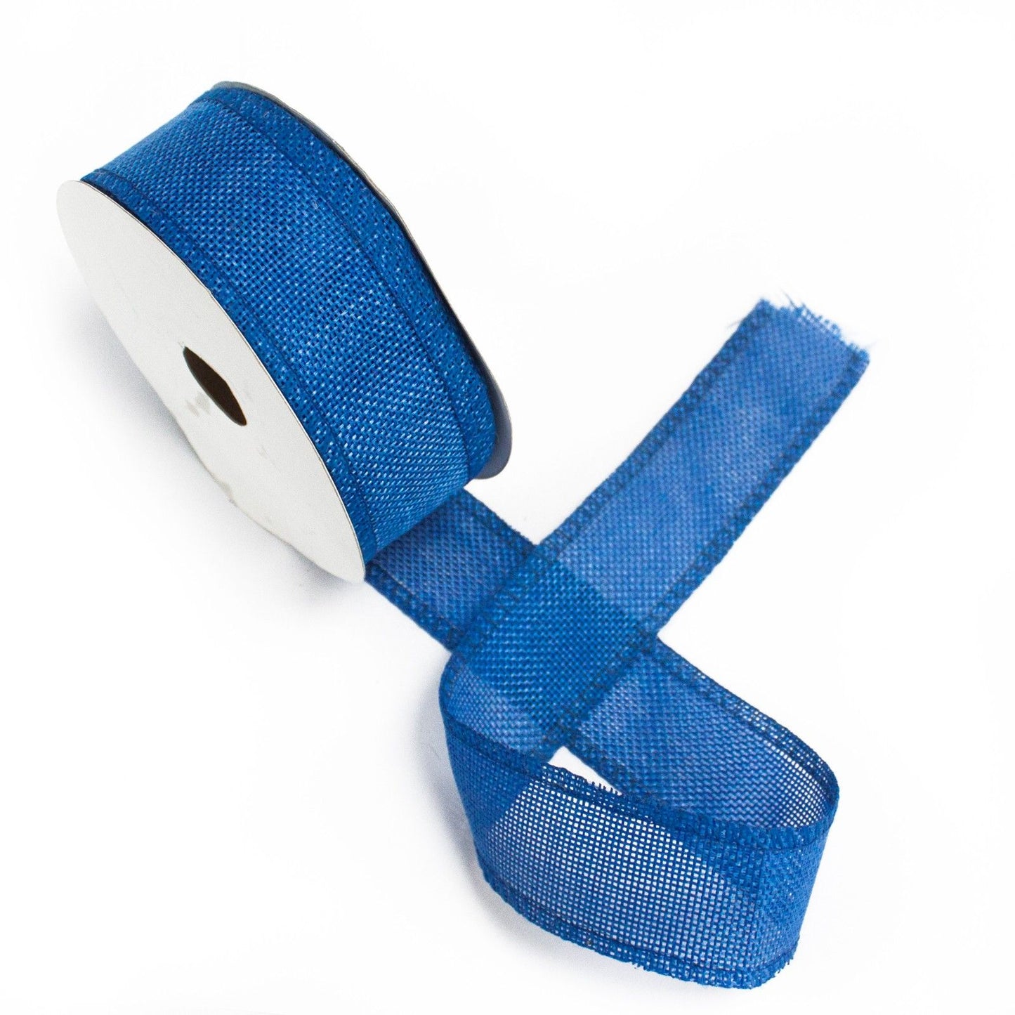 Large roll of navy blue natural texture non-woven fabric ribbon for gift wrapping and wedding decor.
