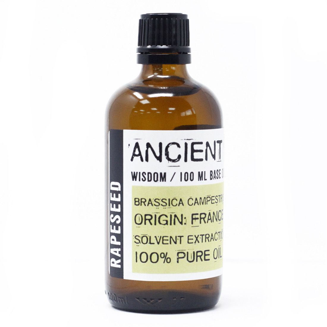 Clear bottle containing 100ml of golden rapeseed carrier oil with a simple white label.