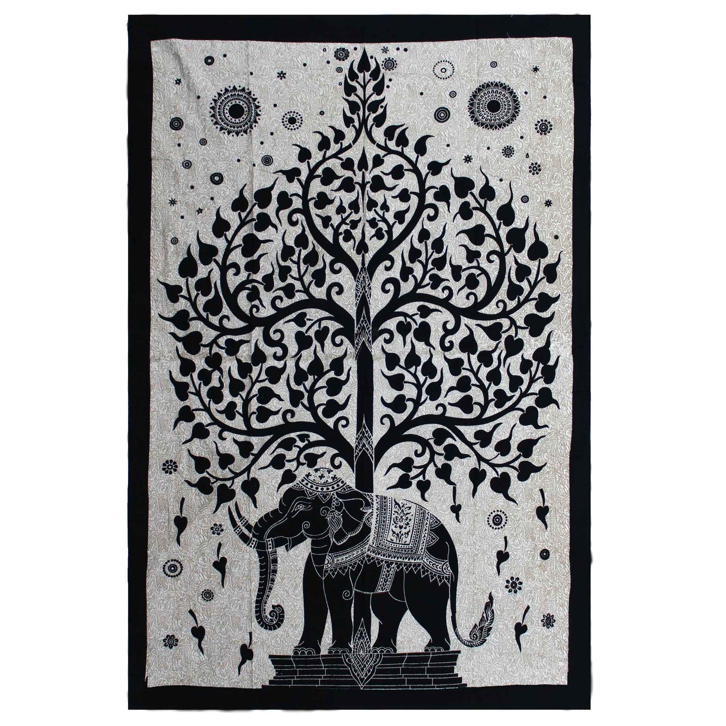 Detailed monochrome cotton wall hanging and single bedspread featuring a spiritual elephant and tree of life motif.