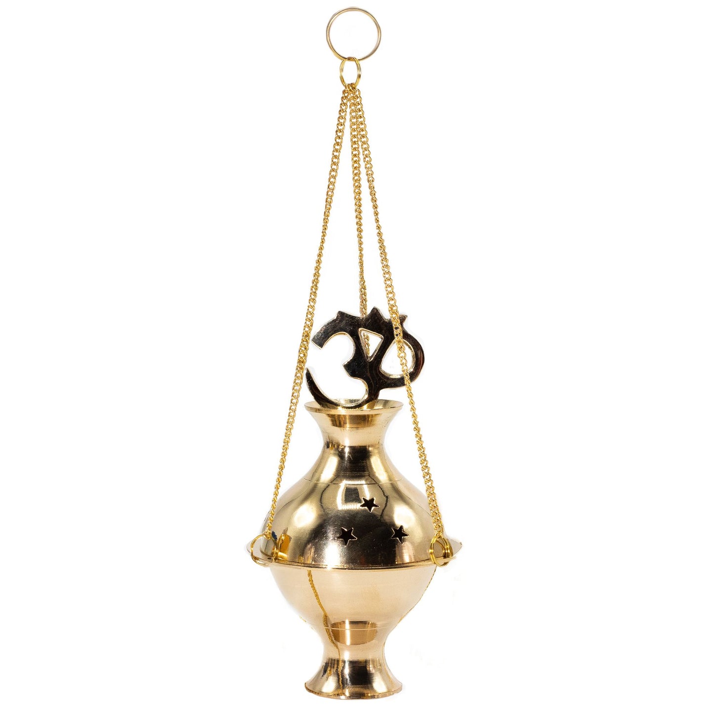 Polished hanging brass incense burner with an Om symbol and star cutouts suspended on three golden chains.