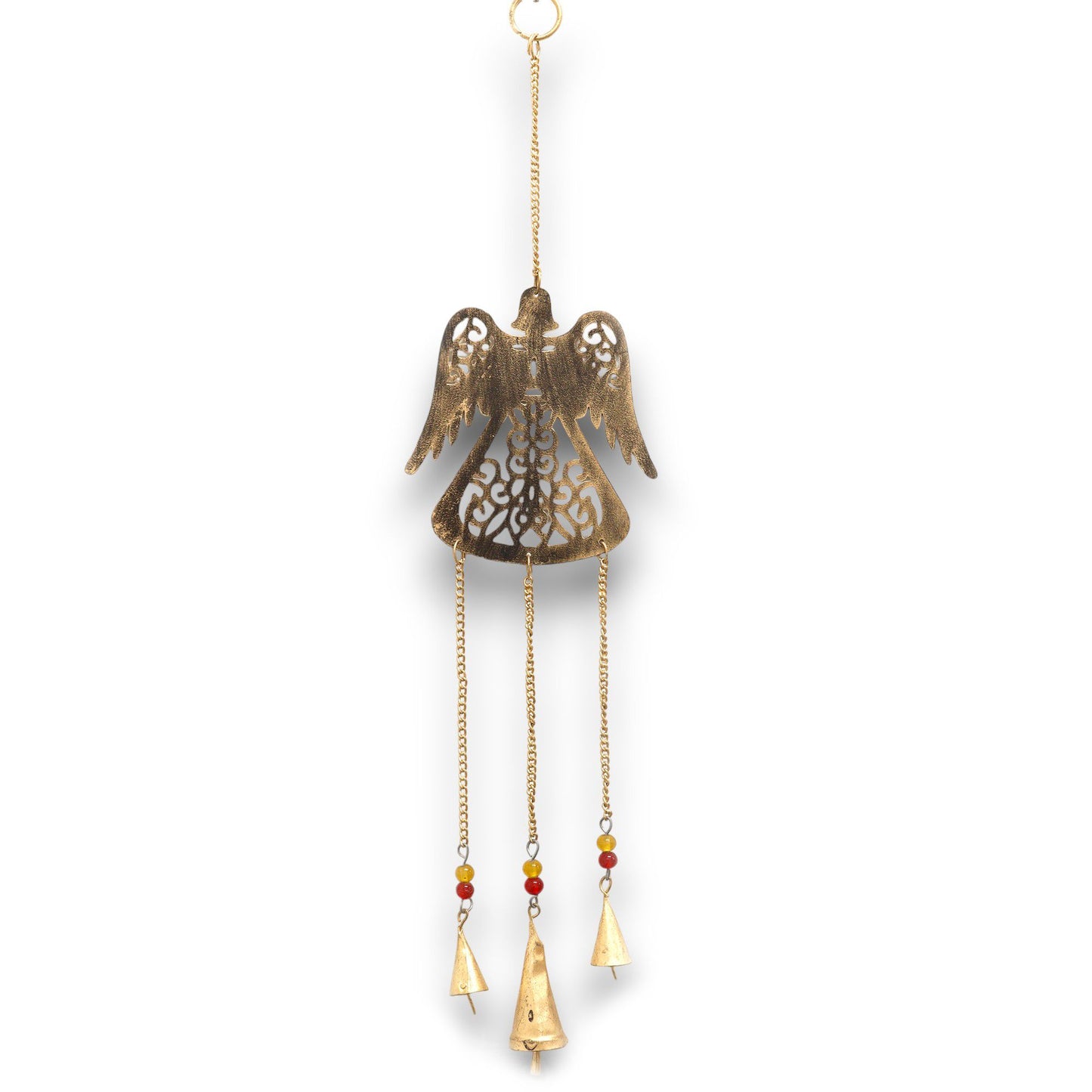 Intricately designed angel chime with three hanging brass bells and vibrant red and orange beads.