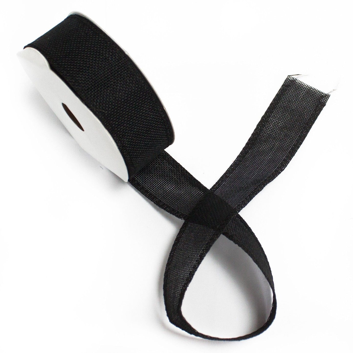 Roll of wide black natural texture ribbon with a unique non-woven fabric finish for gift wrapping and crafts.