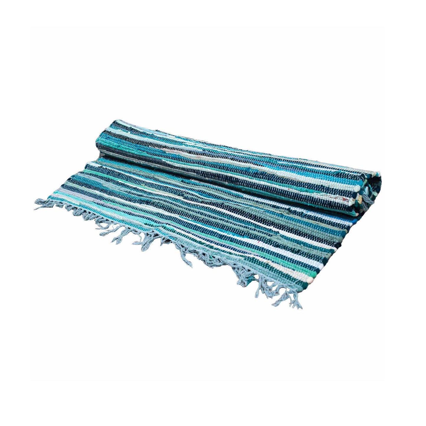 Small hand-woven rag rug featuring a vibrant mix of aqua and blue fabric strips in a rectangular 50x90cm size.