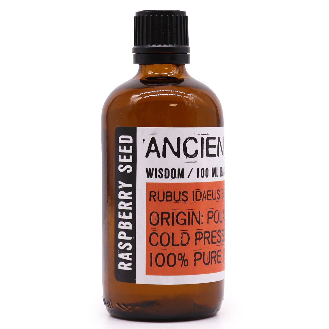 Clear 100ml bottle of golden raspberry seed oil, a natural carrier oil for skincare and aromatherapy.