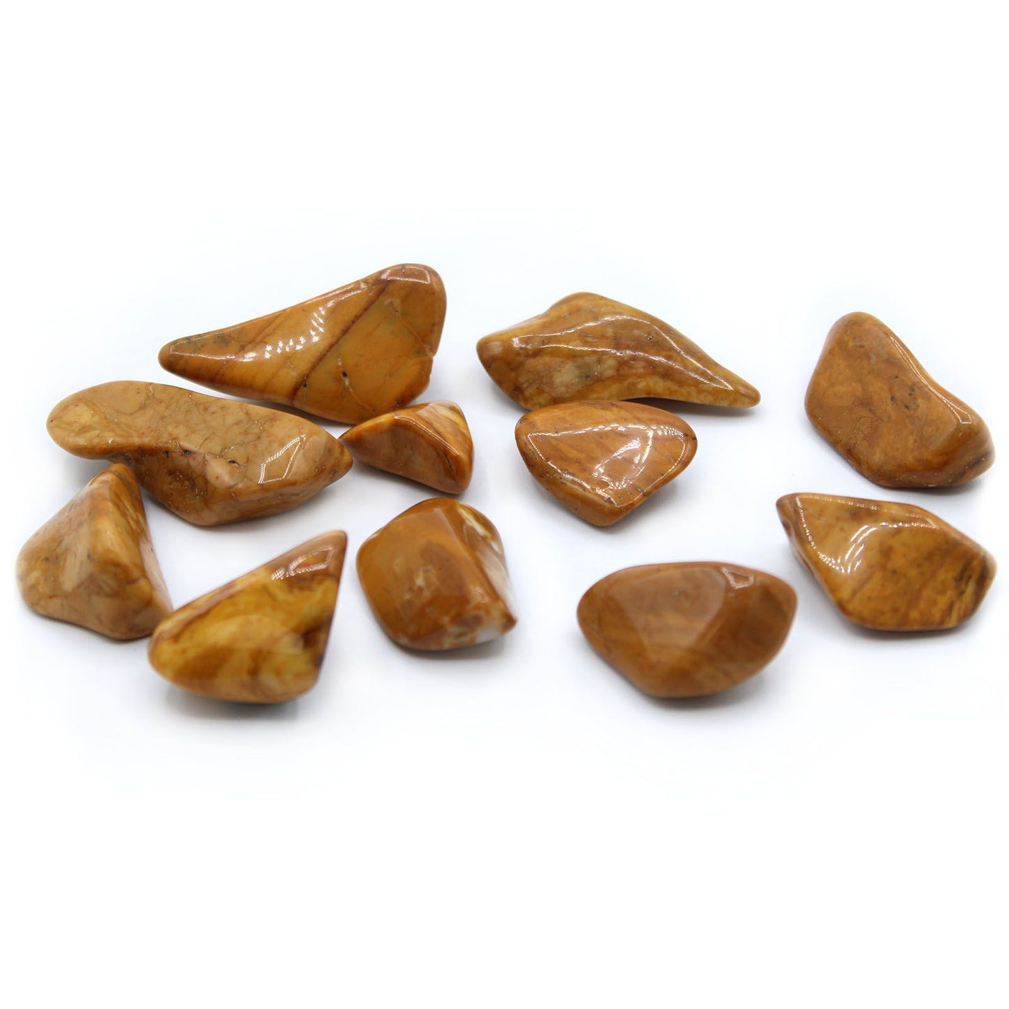 Large, brightly polished yellow jasper tumbled stone with natural earthy patterns and a smooth surface.