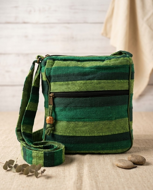 Large Forest Green Nepal Cotton Sling Bag | Adjustable Strap Boho Hippie Crossbody Shoulder Bag | Ethnic Woven Festival Bag | Gift for Her