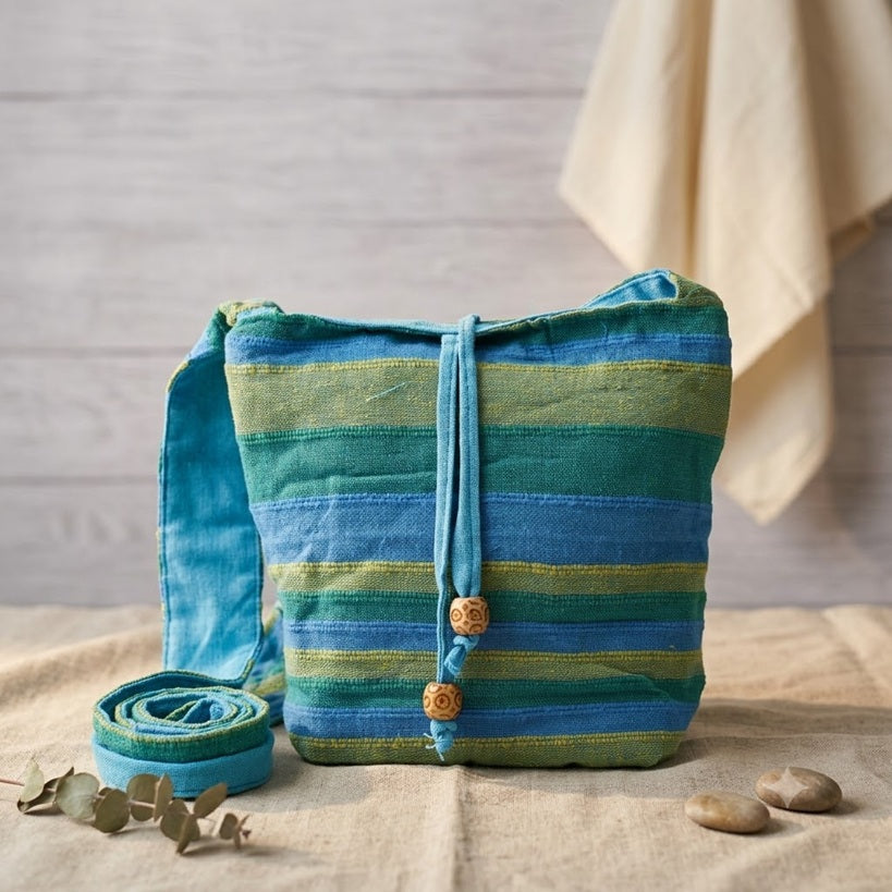Spring Meadows Green & Blue Nepal Cotton Sling Bag | Adjustable Strap Boho Hippie Crossbody Shoulder Bag | Ethnic Woven Festival Bag | Gift for Her