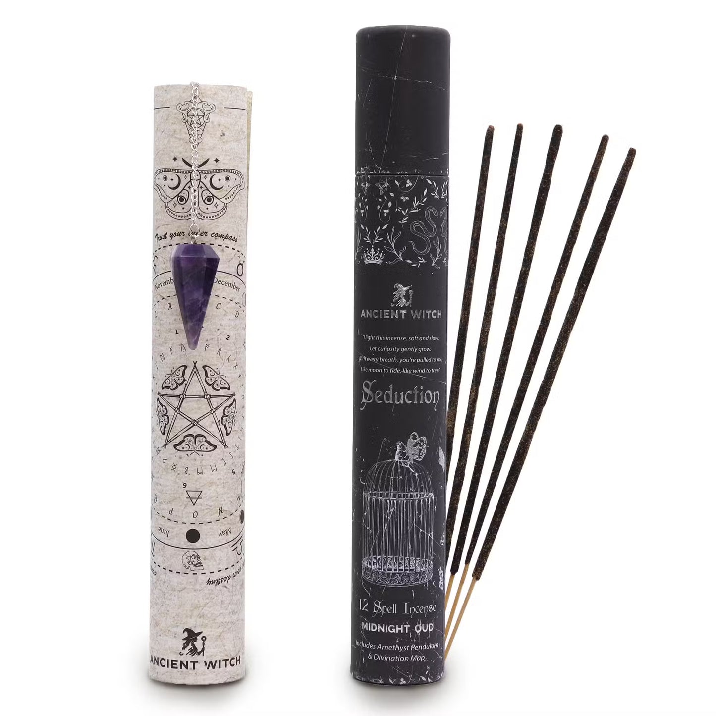 Love Spell Romantic Gift Set | Amethyst + Rose Quartz Crystal Pendulum | Exotic Incense | Valentine's Spiritual Gift Box for Her