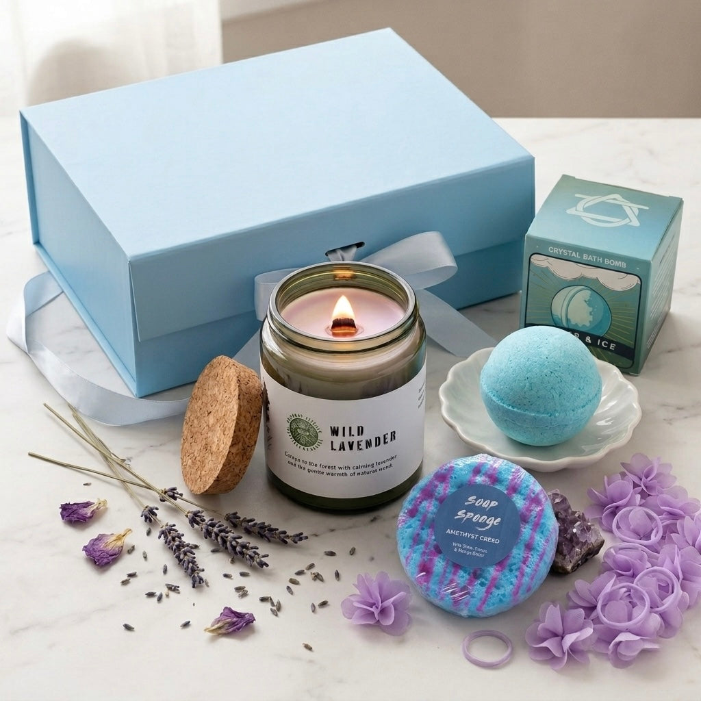 Lavender Dreams Relaxation Gift Set | Woodwick Soy Candle + Crystal Bath Bomb | Spa Self Care Bundle | Witchy Gift Box Birthday