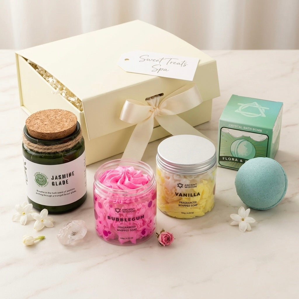 Sweet Treats Spa Pamper Gift Box | Whipped Soap + Soy Candle + Crystal Bath Bomb | Luxury Self Care Hamper | Birthday Gift for Her