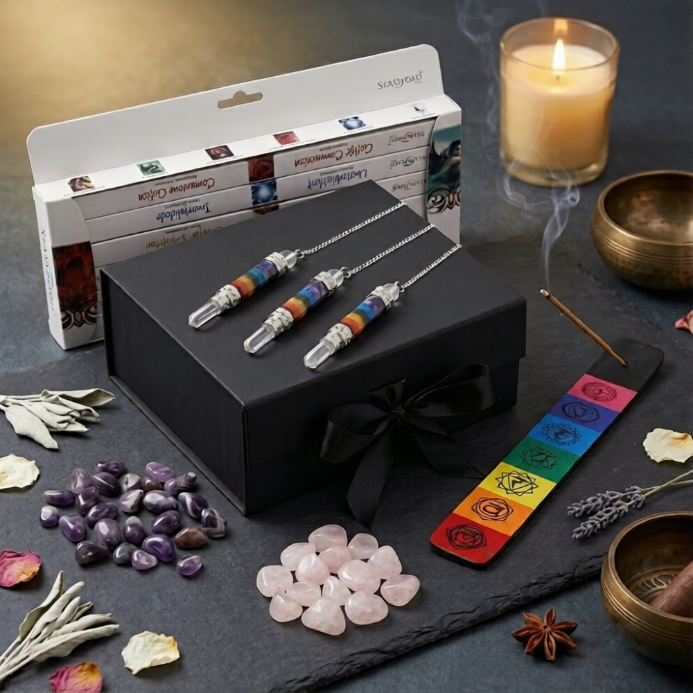 7 Chakra Crystal Pendulum Gift Set | Amethyst Rose Quartz Tumble Stones Incense | Meditation Healing Gift for Her | Reiki Birthday Gift Box