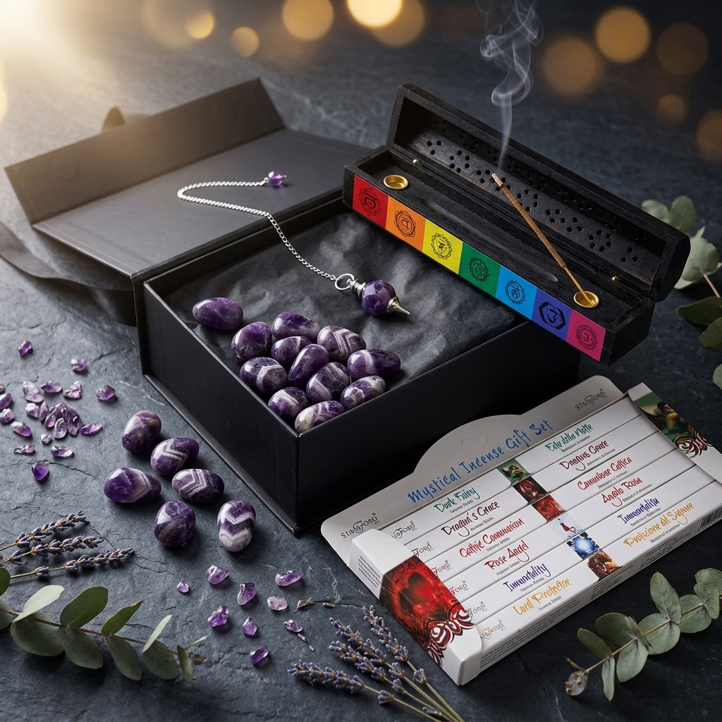Amethyst Crystal Chakra Spiritual Gift Set | Faceted Pendulum Tumble Stones Incense Smoke Box | Healing Reiki Witchy Gift for Her