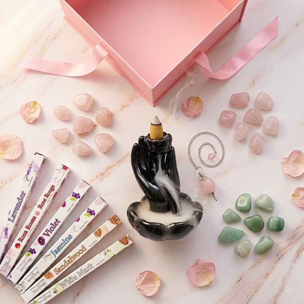 Rose Quartz Love Crystal Healing Gift Set | Pendulum Backflow Burner Tumble Stones Incense | Heart Chakra Self Love Gift for Her