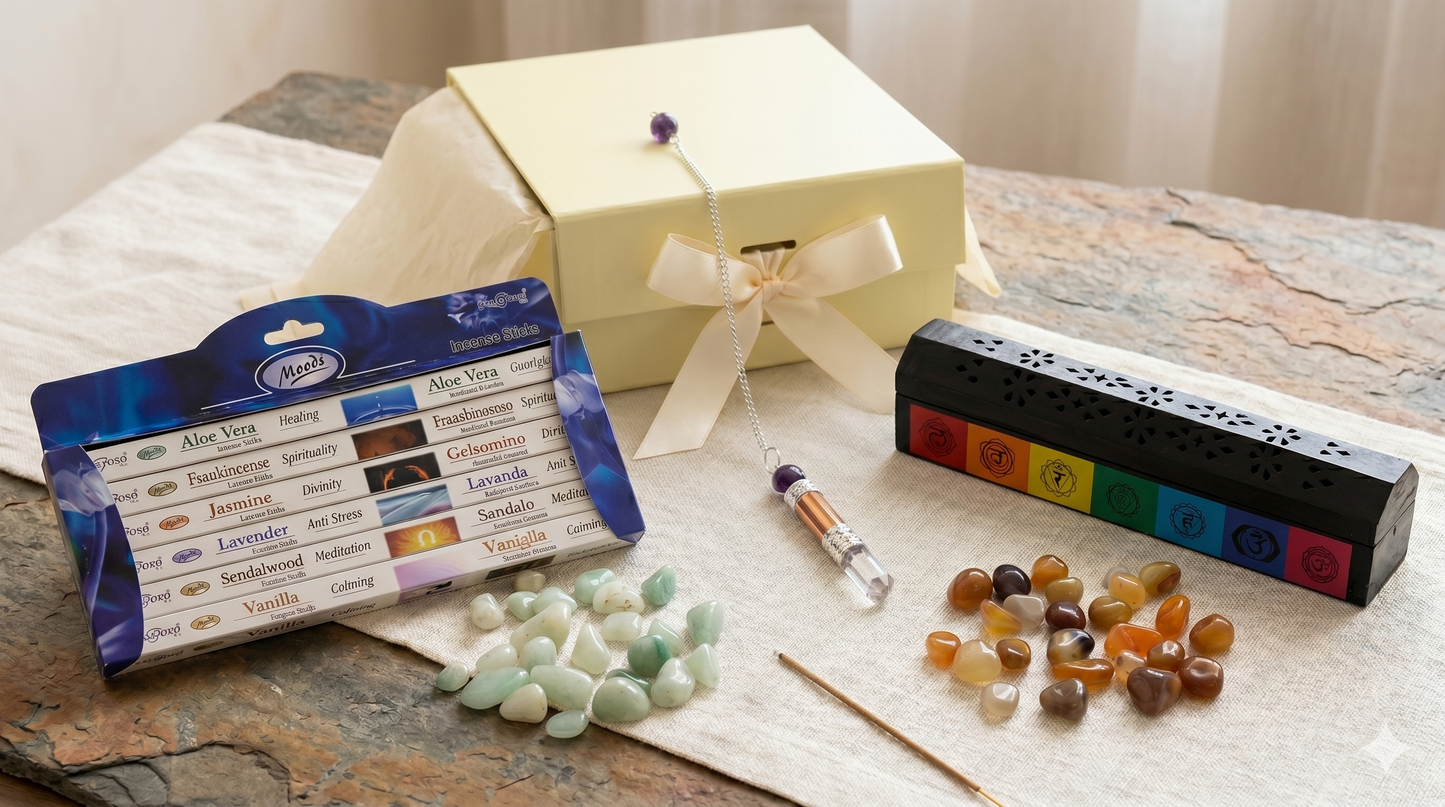 Copper Crystal Pendulum Spiritual Gift Set | Carnelian Aventurine Tumble Stones Chakra Smoke Box Incense | Healing Meditation Gift for Her
