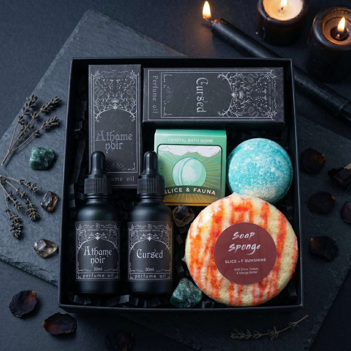 Dark Ritual Witch Gift Set | Perfume Oil + Crystal Bath Bomb + Butter Soap | Witchy Self Care Bundle | Gothic Gift Box Birthday