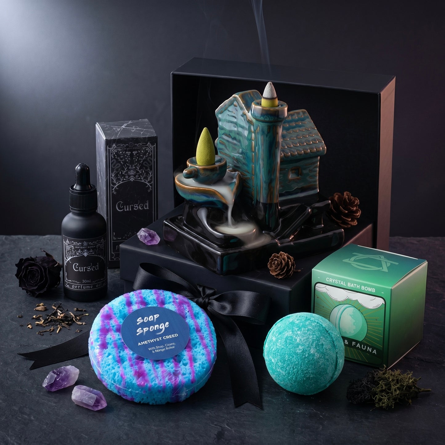 Cursed Earth Ritual Gift Set | Watermill Backflow Burner, Ancient Witch Perfume Oil, Crystal Bath Bomb & Amethyst Soap