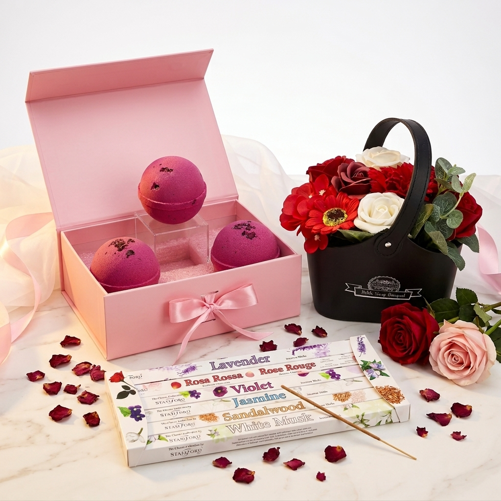 Rose Luxury Bath Pamper Gift Set | 3 Jumbo Rose Bath Bombs + Soap Flower Bouquet + Floral Incense | Birthday Spa Box for Her
