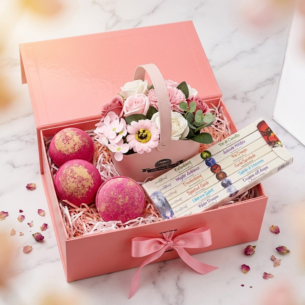 Pink Lemonade Luxury Bath Pamper Gift Set | 3 Fruity Bath Bombs + Pink Soap Flower Basket + Angel Incense | Fun Birthday Spa Box for Her
