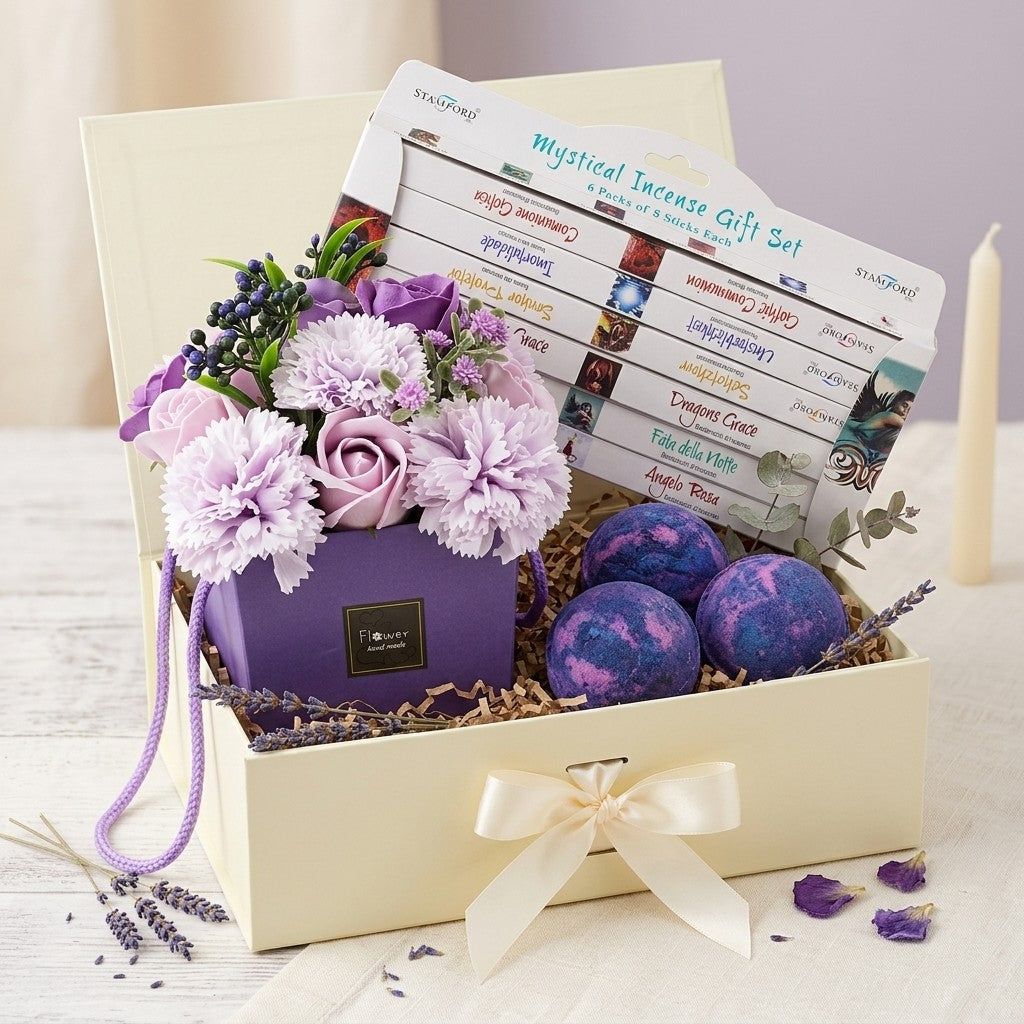 Yorkshire Violet Premium Floral Bath Pamper Gift Set | 3 Violet Bath Bombs + Lavender Rose Soap Bouquet + Spiritual Incense | Mother's Day Birthday