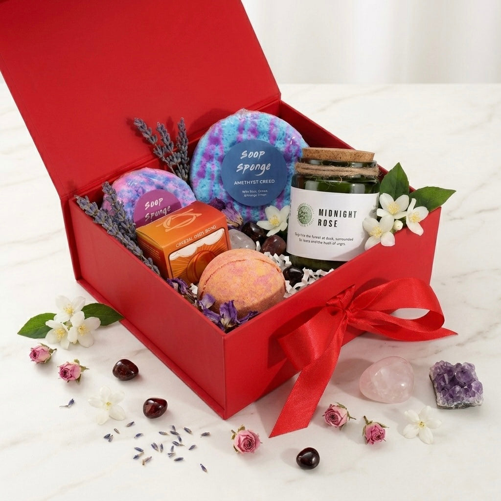 Enchanted Botanicals Luxury Self-Care Gift Set | Woodwick Soy Candle + Crystal Bath Bomb + Bubble Soaps | Witchy Spa Gift Box Birthday