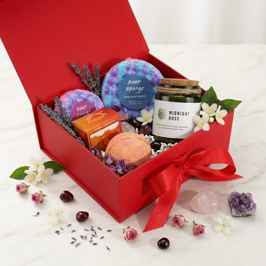 Enchanted Botanicals Luxury Self-Care Gift Set | Woodwick Soy Candle + Crystal Bath Bomb + Bubble Soaps | Witchy Spa Gift Box Birthday