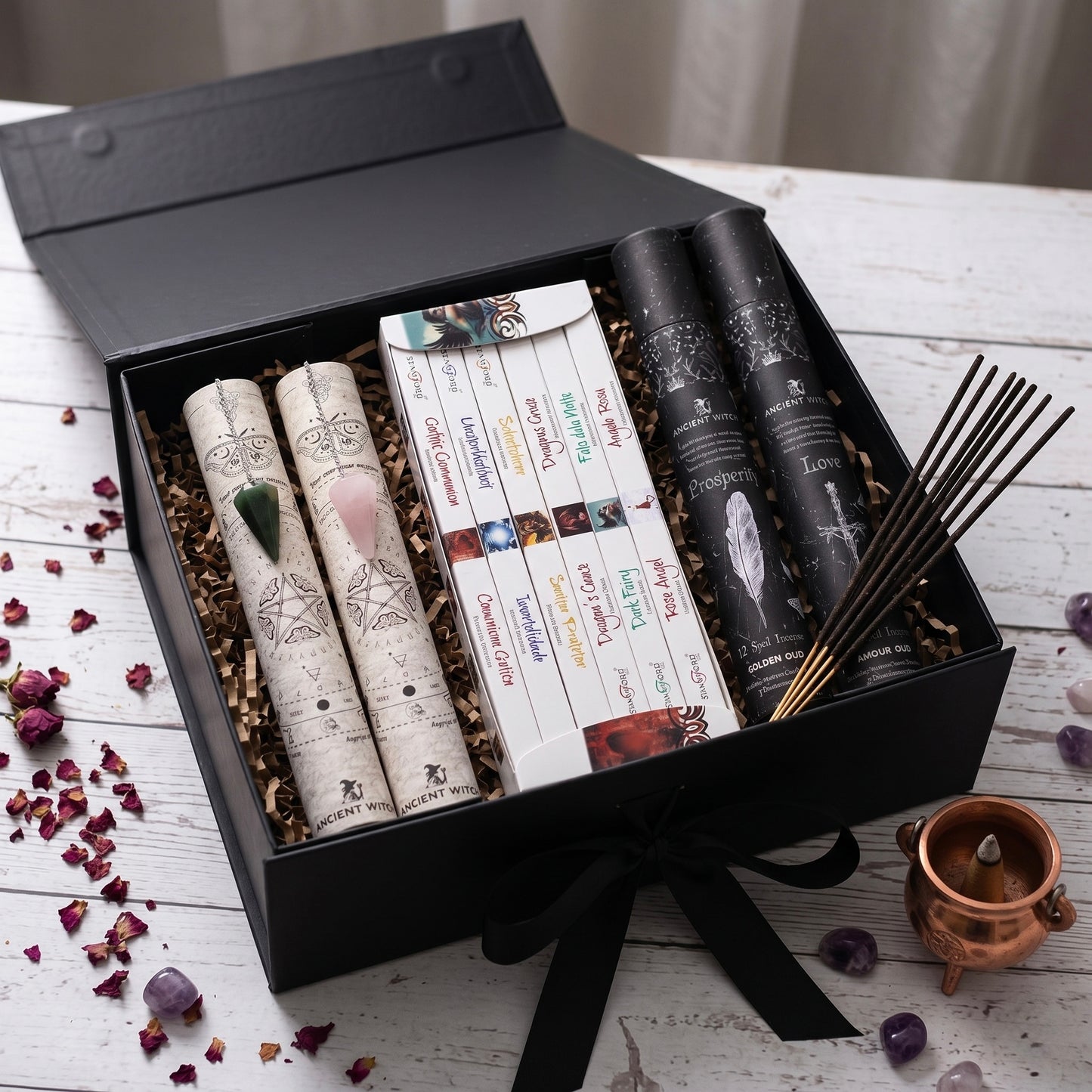 Love & Prosperity Manifestation Gift Set | Rose Quartz + Aventurine Crystal Pendulum | Spiritual Incense | Witchy Gift Box Birthday