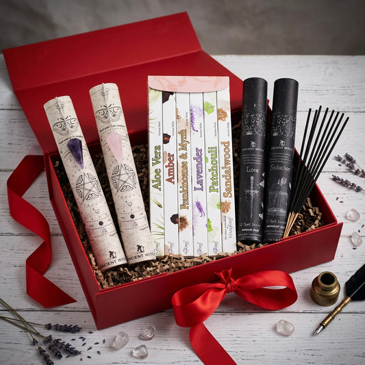 Love Spell Romantic Gift Set | Amethyst + Rose Quartz Crystal Pendulum | Exotic Incense | Valentine's Spiritual Gift Box for Her
