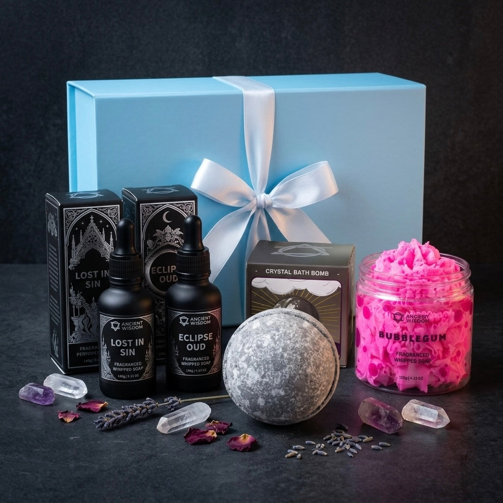 Dark Ritual Pamper Gift Set | Ancient Witch Perfume Oils, Crystal Bath Bomb & Bubblegum Whipped Soap