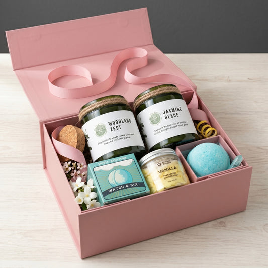 Woodland Serenity Pamper Gift Set | Soy Candle Duo, Crystal Bath Bomb & Vanilla Whipped Soap