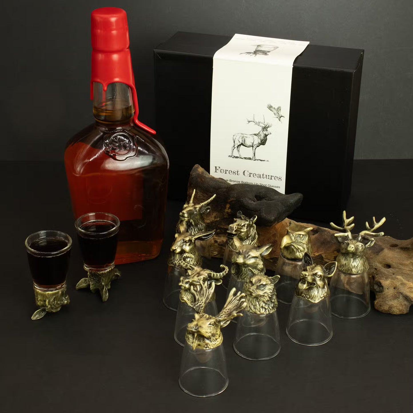 Coffret cadeau de 12 verres à shot (25 ml) - Forêt et créatures mystiques - Bronze antique