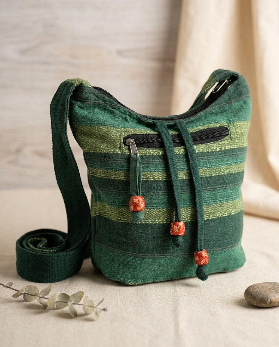 Forest Green Nepal Cotton Sling Bag | Adjustable Strap Boho Hippie Crossbody Shoulder Bag | Ethnic Woven Festival Bag | Gift for Her