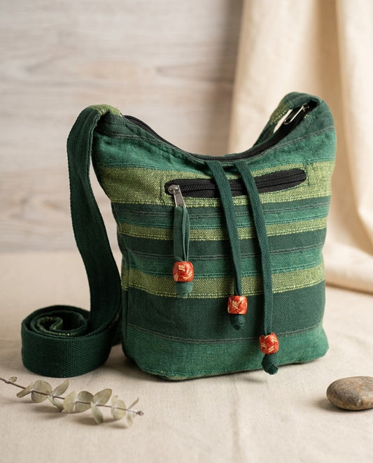 Forest Green Nepal Cotton Sling Bag | Adjustable Strap Boho Hippie Crossbody Shoulder Bag | Ethnic Woven Festival Bag | Gift for Her