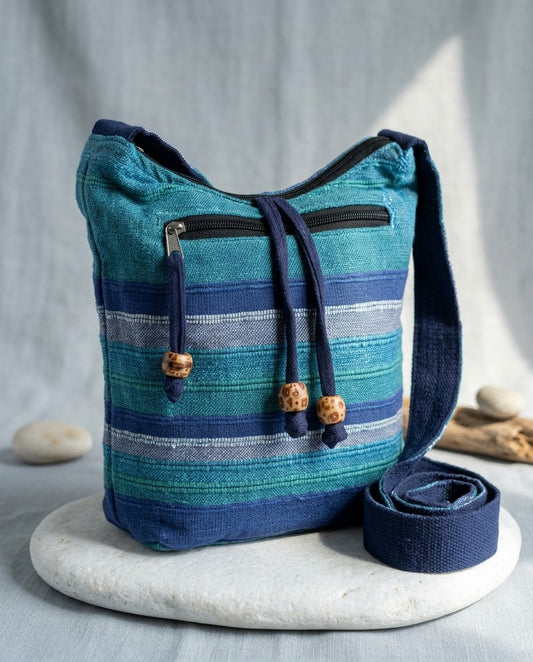 Blue Rivers Nepal Cotton Sling Bag | Adjustable Strap Boho Hippie Crossbody Shoulder Bag | Ethnic Woven Festival Bag | Gift for Her