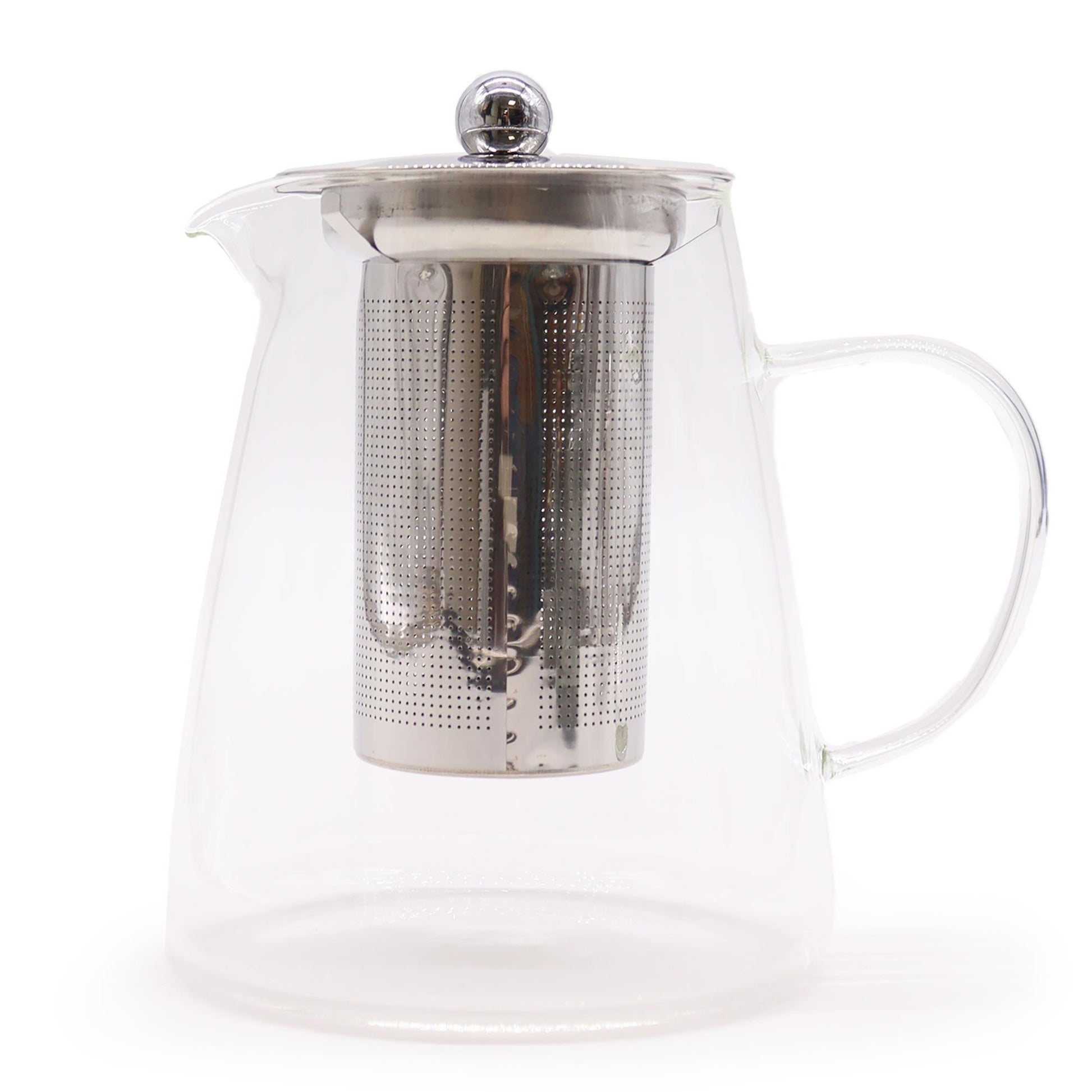 Clear glass teapot in a modern flask shape with a removable internal tea leaf infuser and lid.