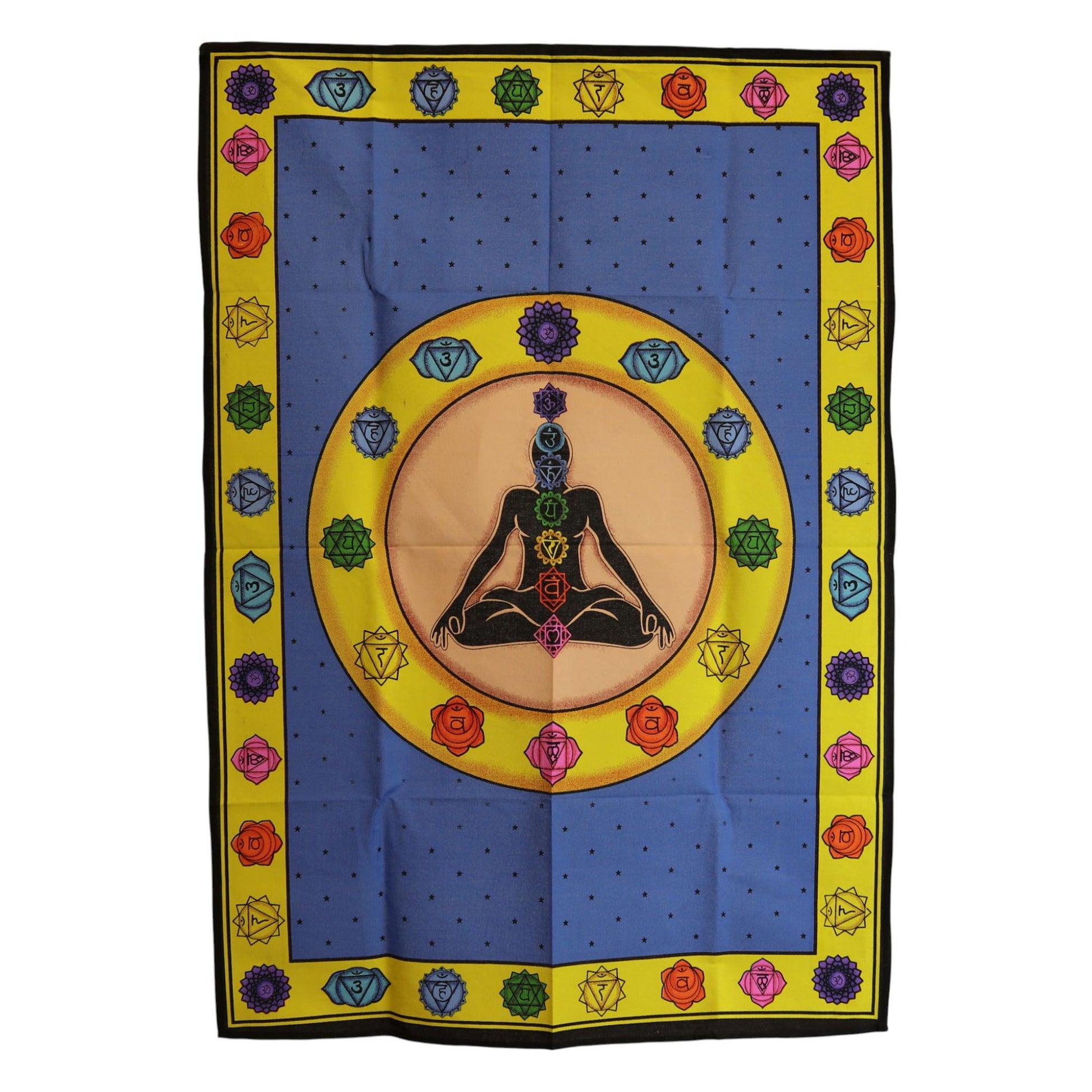 Colourful cotton wall hanging featuring a seated figure aligned with seven chakra symbols on a soft blue background.