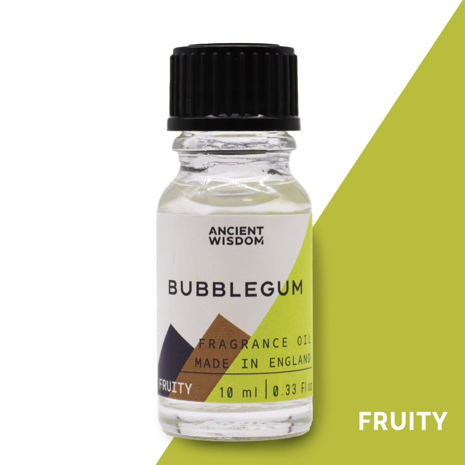 A small amber glass bottle of bubblegum scented fragrance oil with a black dropper cap.