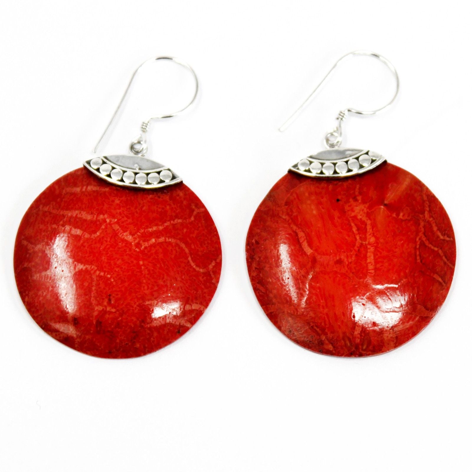 Pair of polished 925 silver disc earrings with a vibrant red coral imitation inlay on a white background.