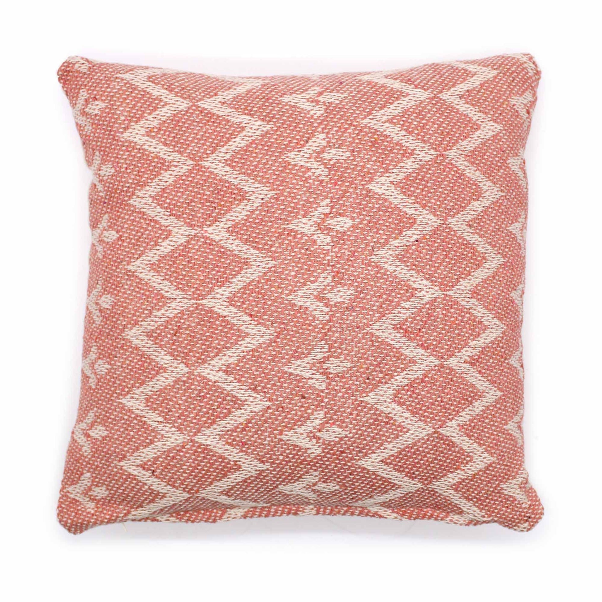 Square pink cushion cover with a traditional Indian jaggered geometric pattern in high-quality cotton.