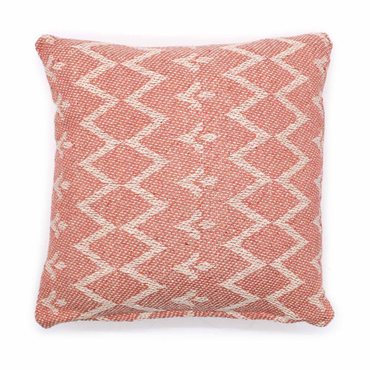 Square pink cushion cover with a traditional Indian jaggered geometric pattern in high-quality cotton.
