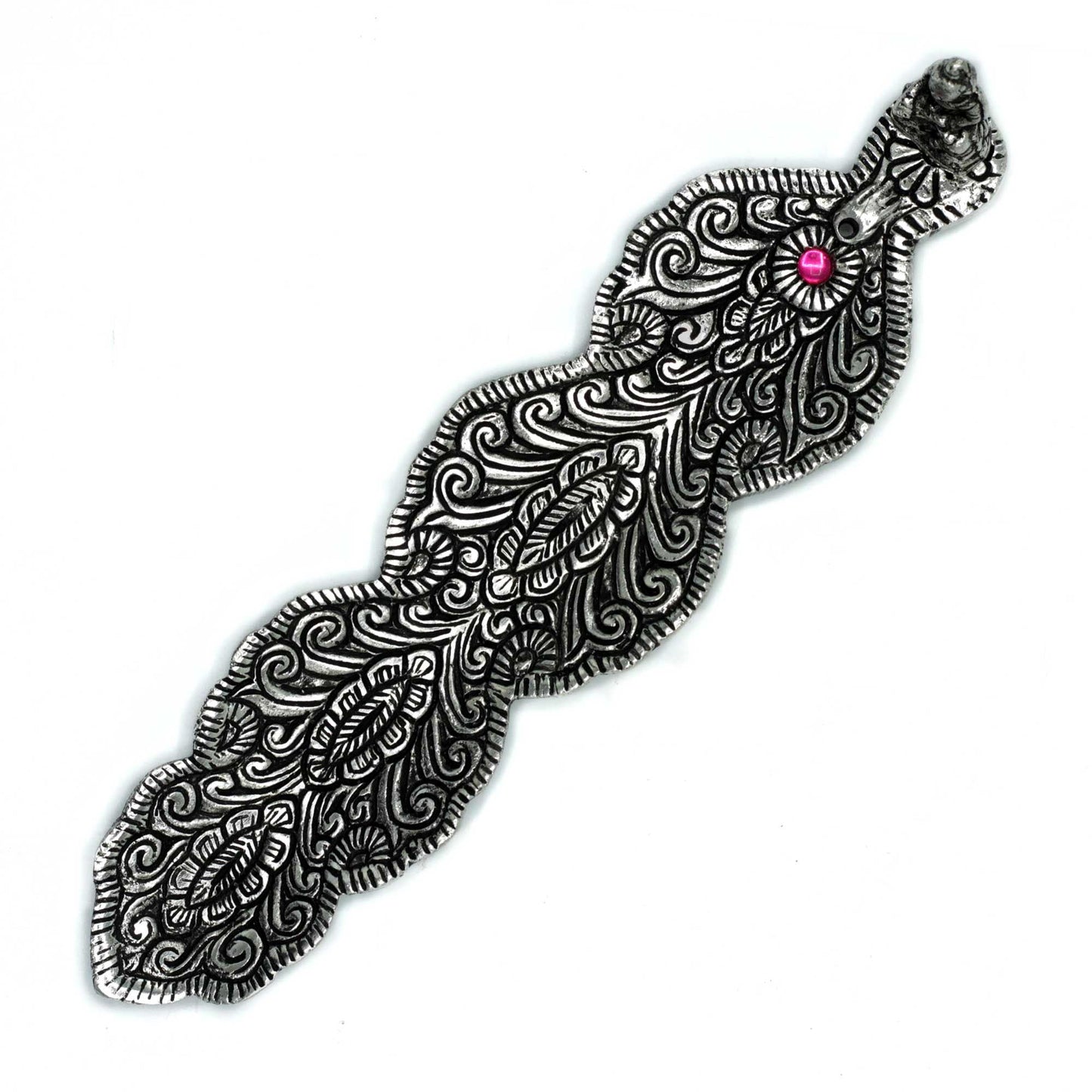 Sleek feather-shaped polished aluminium incense holder featuring a small Buddha figure on one end.
